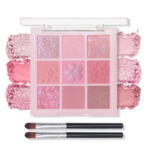 IONSGAKO 9 Colors Light Pink Matte Shimmer Eyeshadow Palette Pink Glitter Eye Shadow Palette Highly Pigmented Blendable Eyeshadow Makeup Palette with Brush