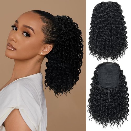 LOSMOEER Ponytail Extension 10 Inch Drawstring Ponytail Hair Extensions for Women Natural Black Short Kinky Curly Ponytail Fake Hairpiece Daily Party Use
