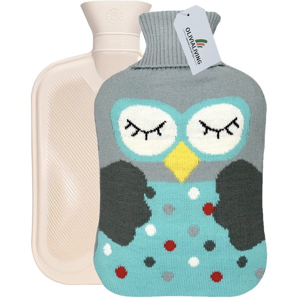 OliviaLiving Hot Water Bag Hot Water Bottle 2 Liter Heat Up and Refreezable Hot Cold Pack with Knit Cover for Pain Relief Hot Cold Therapy, Cartoon Owl
