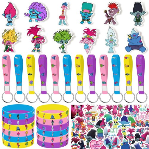 Trolls Birthday Party Supplies, 86PCS Party Favors Set Include 12 Bracelets, 12 Pins, 12 Keychains, 50 Stickers for Trolls Theme Party Gifts