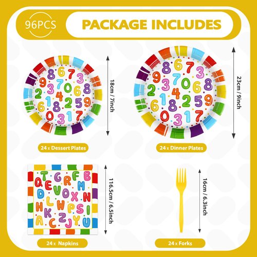 96Pcs Educational Party Supplies 350 GSM Alphabet Number Party Plates and Napkins Early Learning Tableware Set for Kids Baby Shower Back to School Alphabet Number Birthday Party Decorations,Serves 24