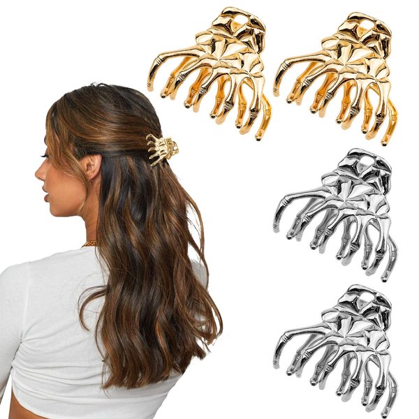 4 PACK Skull Hair Clips Skull Hand Hair Claw Metal Hair Claw Clips Barrettes for Thick and Long Hair Halloween Cosplay Party Favor Hair Accessories for Women and Girls