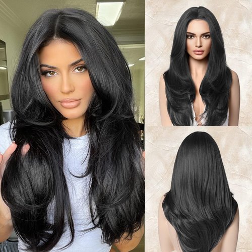LONAI Black Wigs for Women 24" Long Middle Part Layered Wig Synthetic Hair Wig for Daily Use Party Cosplay