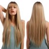 EMMOR Ombre Blonde Wig with bangs for Women, Long Straight Natural Synthetic Hair Dark Root Wigs, Party Cosplay Daily Use (28" Ombre Blonde)