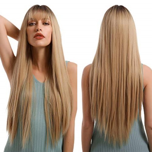 EMMOR Ombre Blonde Wig with bangs for Women, Long Straight Natural Synthetic Hair Dark Root Wigs, Party Cosplay Daily Use (28" Ombre Blonde)