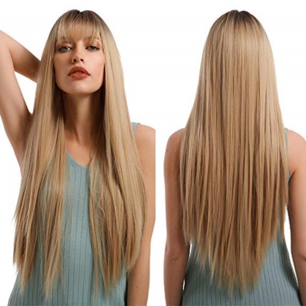 EMMOR Ombre Blonde Wig with bangs for Women, Long Straight Natural Synthetic Hair Dark Root Wigs, Party Cosplay Daily Use (28" Ombre Blonde)