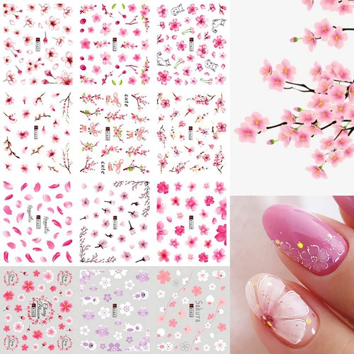 Sakura Nail Art Stickers Pink Flower Nail Supplies, Cherry Blossoms Tree with Leaves Water Transfer Nail Decals Wraps for Acrylic Nails Women Fashion Design for Girl (12 Sheet)