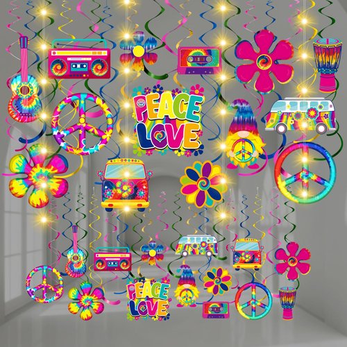 Skyygemm 56 Pcs 60s Hippie Hanging Decorations with Lights Groovy Retro Hippie Hanging Swirls Flower Peace and Love Bus Cutouts Tie Dye Ceiling Streamers for Birthday Baby Shower Supplies Favors