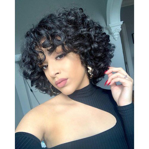 Quick Wig Human Hair Wigs Short Curly Bob Wig for Black Women None Lace Big Curly Wig with Bangs Pixie Cut African American Wigs Natural Black Color