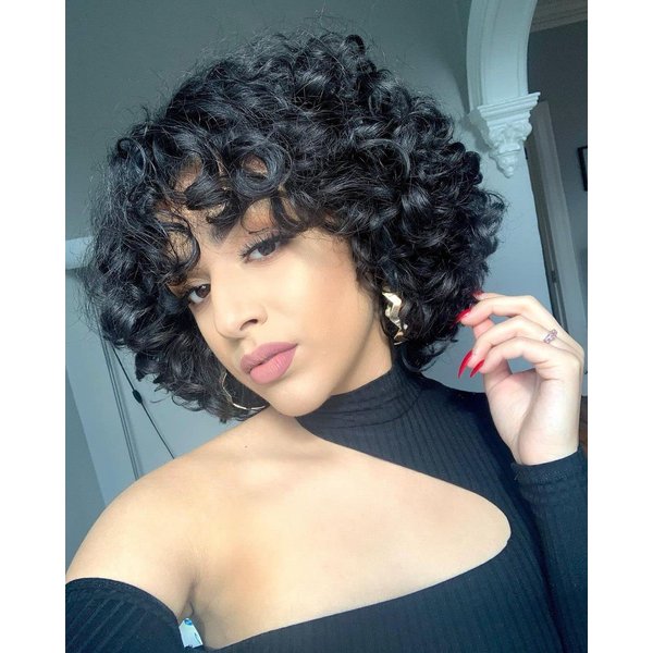 Quick Wig Human Hair Wigs Short Curly Bob Wig for Black Women None Lace Big Curly Wig with Bangs Pixie Cut African American Wigs Natural Black Color