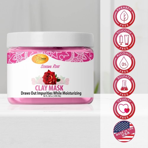 SPA REDI - Clay Mask, Sensual Rose, 16 Oz - Pedicure, Body Deep Cleansing, Detoxifying, Hydrating - Natural Bentonite Clay, Infused with, Amino Acids, Panthenol, Comfrey Extract