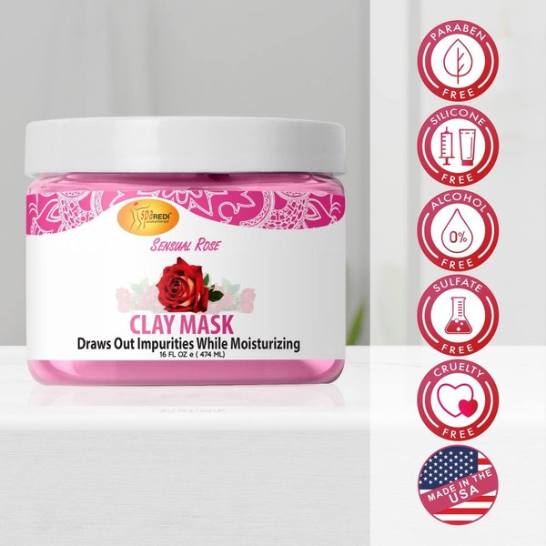 SPA REDI - Clay Mask, Sensual Rose, 16 Oz - Pedicure, Body Deep Cleansing, Detoxifying, Hydrating - Natural Bentonite Clay, Infused with, Amino Acids, Panthenol, Comfrey Extract
