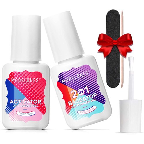 Modelones 5 Pcs Dip Powder Liquid Set with 2 in 1 Base & Top Coat and Activator, Dipping Powder System Essential Kit with nail tools for French Nail Art Manicure