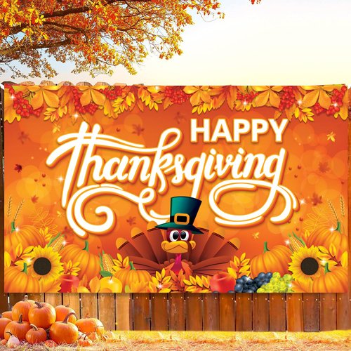 KORHONEN Happy Thanksgiving Banner, Thanksgiving Party Decorations Banner Backdrop Fall Pumpkin Maple Leaf Turkey, Autumn Harvest Thanksgiving Banner Party Supplies