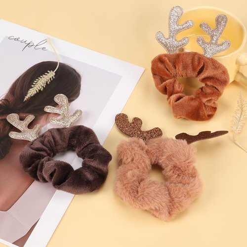 Antler Hair Scrunchies Plush Reindeer Scrunchies Christmas Plush Glitter Elk Design Elastic Hair Tie Ponytail Holder for Women Girls Xmas Hair Accessories 3 Pcs