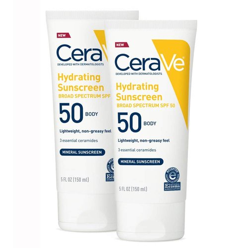 CeraVe 100% Mineral Sunscreen Spf 50 | Body Sunscreen With Zinc oxide & Titanium Dioxide for Sensitive Skin | 5 Oz, 2 Pack