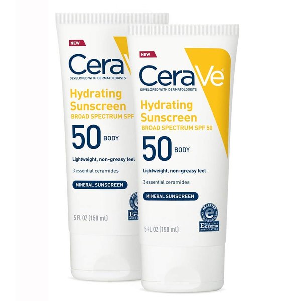 CeraVe 100% Mineral Sunscreen Spf 50 | Body Sunscreen With Zinc oxide & Titanium Dioxide for Sensitive Skin | 5 Oz, 2 Pack