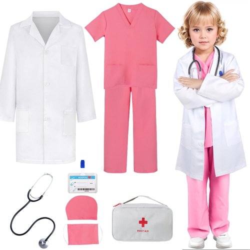 LISUNLI Doctor Costume for Kids Doctor Lab Coat for Kids Real Stethoscope, Halloween Doctor Lab Costumes for Kids 3-4 Years