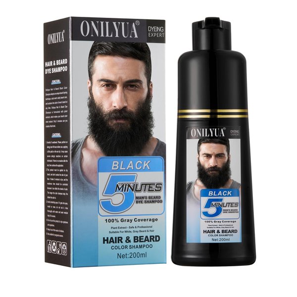 Men's Beard Dye for Men in 5 Minutes, Black Beard Dye Shampoo for Mustache, Root Touch Up, 3 in 1 Simpler Hair Color for Men, Long Lasting Black Hair & Beard Dye for Men 200 ml