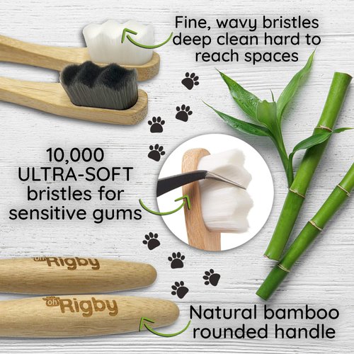 OH RIGBY Dog Toothbrush- 10,000 Ultra-Soft Bristles for Sensitive Pet Teeth & Gums- Natural Bamboo Toothbrush for Comfortable, Gentle Deep Cleaning