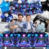 JOPHMO Video Game Birthday Party Decorations for Boy Game Happy Birthday Party Supplies with Happy Birthday Backdrop Banner Gaming Tablecloth Blue Balloon Arch Kit Cake Toppers for Boy Birthday Party