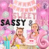 JOYMEMO Sweet Sassy and Six Birthday Decorations Girl, Pink Sweet Six Birthday Party Supplies with Donut Ice Cream 6th Birthday Cake Topper, Birthday Girl Sash, Happy Birthday Banner, Tinsel Curtain