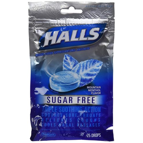 Halls Sugar Free Mountain Menthol Flavor of Triple Soothing Action Fast Relief Cough Suppressant - 6 Bags of 25 Cough Drops - Cos10
