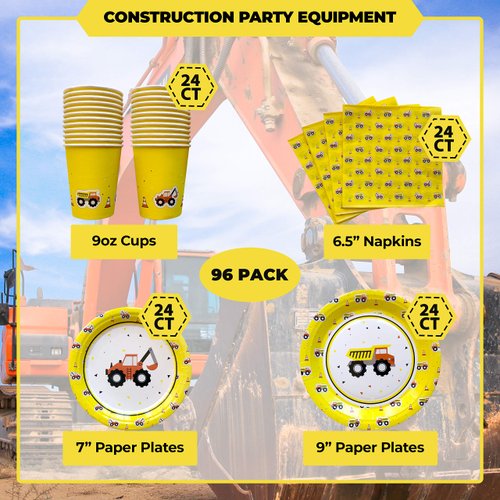 DK&Co. At Home Construction Birthday Party Supplies Plate Set- Serves 24 Construction plate and utensils for toddlers; Excavator Birthday Party Supplies Construction Theme Birthday Party Supplies
