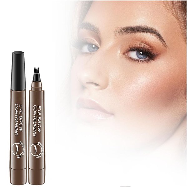 Magic Eyebrow Pencil, Microblading Eyebrow Pencil Contouring Pen, 4 Tipped Precise Brow Pen, Fine Stroke Microblading Eyebrow Pencil Natural (Dark Brown*2)