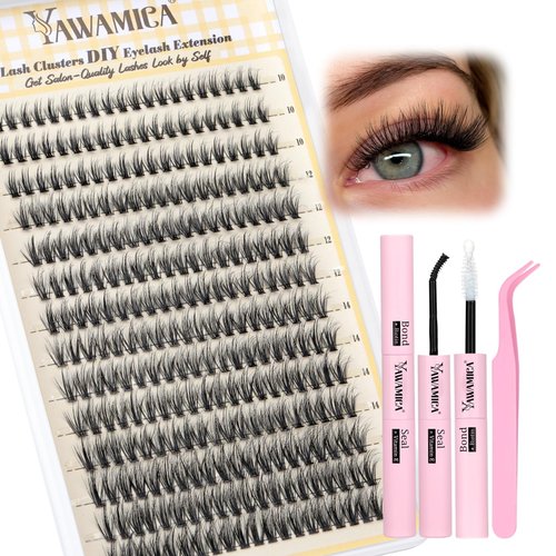 Yawamica Natural Lash Clusters Kit Wispy Eyelash Clusters Lash Extension Kit 10-16mm Mix Length Cluster Eyelash Extensions C Curl Individual Lashes with Lash Cluster Glue Lash Tweezers DIY Lash Kit