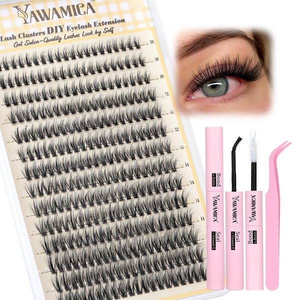 Yawamica Natural Lash Clusters Kit Wispy Eyelash Clusters Lash Extension Kit 10-16mm Mix Length Cluster Eyelash Extensions C Curl Individual Lashes with Lash Cluster Glue Lash Tweezers DIY Lash Kit