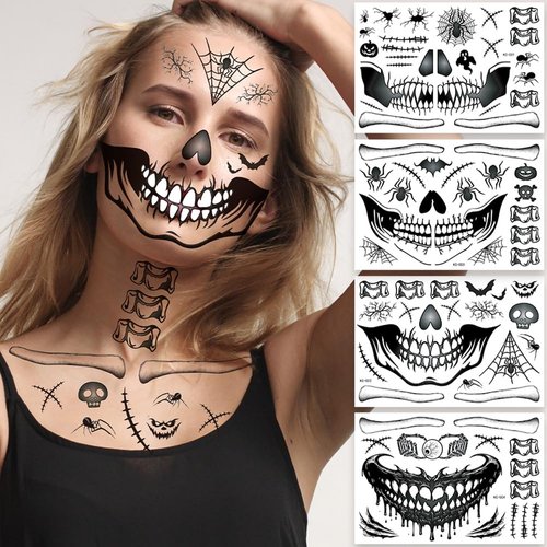Halloween Makeup Temporary Halloween Tattoos Stickers Prank Chucky Witch Fake Face Decals Zombie Makeup Scar Skeletons Cosplay Tattoos for Adults Women Girls Kids DIY Eye Mouth Clown Makeup Kit Party