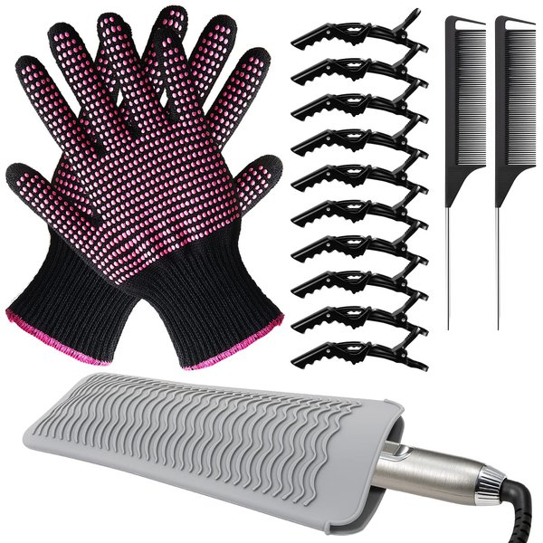 VERTGB Heat Gloves for Hair Styling,Heat Resistant Gloves with Silicone Bumps,2Pcs Professional Curling Iron Glove,Silicone Heat Resistant Mat,10Pcs Hair Clips,Styling Comb for Curling Iron Flat Iron