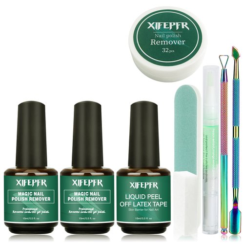 XIFEPFR Gel Nail Polish Remover Kit - 2 Pack Gel Polish Remover with Latex Tape Peel Off Liquid & Manicure Tools, 2-5 Minutes Professional Quick Remove Polish, No Soaking or Wrapping, Perfect Gifts