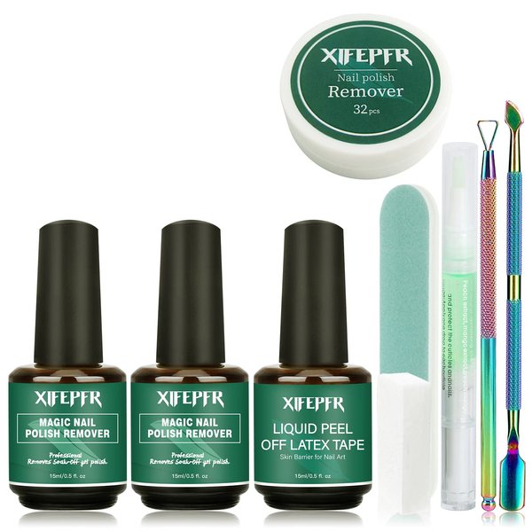 XIFEPFR Gel Nail Polish Remover Kit - 2 Pack Gel Polish Remover with Latex Tape Peel Off Liquid & Manicure Tools, 2-5 Minutes Professional Quick Remove Polish, No Soaking or Wrapping, Perfect Gifts