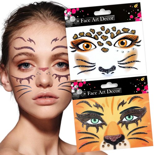 Cool Lion Face Stickers Fashion Leopard Face Jewel Sticker Glitter Sparkling Face Art Stickers Kid Crystals Tattoos Sticker Party Face Eye Decoration for Cosplay,Make Up,Festival Party 2Pcs