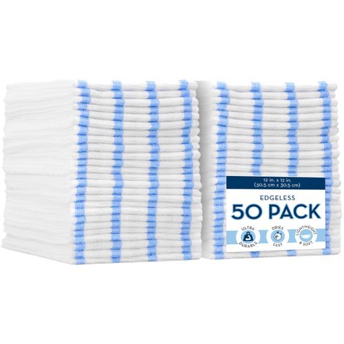 VIKING Bulk Edgeless Microfiber Cleaning Cloths, White and Blue Stripe, 50 Pack