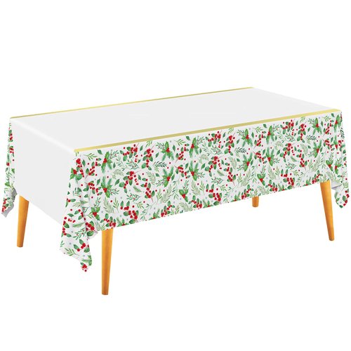 Christmas Table Decorations, Christmas Seasonal Holly Disposable Tablecloth Waterproof Plastic Rectangular Table Cover for Merry Christmas Party Supplies, 3 PCS, 54 X 108 inch