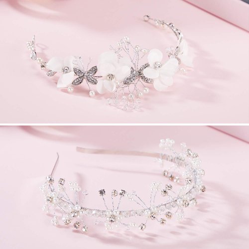 WILLBOND 2 Pieces Wedding Flower Crown Princess Wedding Headpiece Baptism Gift First Communion Headpiece for Girls Communion Veil Crystal Tiara for Girls Wedding and Flower Girls
