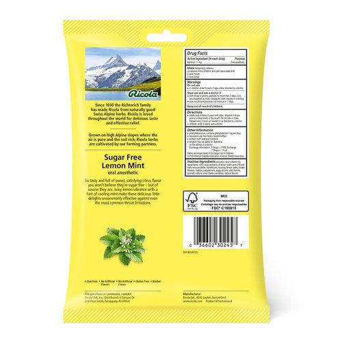 Ricola Sugar Free Lemon Mint Bag | Cough Suppressant Throat Drops | Naturally Soothing Long-Lasting Relief - 45 Count (Pack of 1)