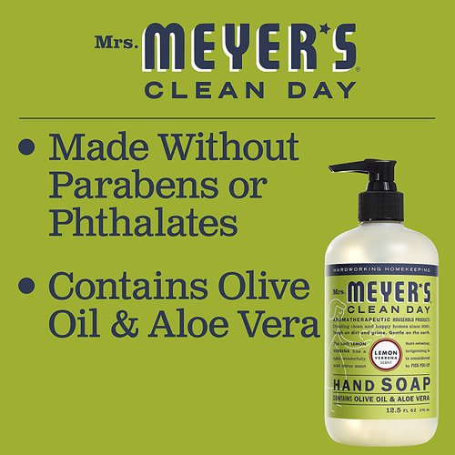 MRS. MEYER’S CLEANDAY Liquid Hand Soap, Cruelty Free and Biodegradable Formula, Lemon Verbena Scent, 12.5 oz