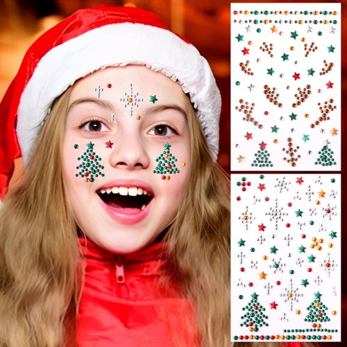 Christmas Face Stickers Christmas Rhinestone Tattoo Stickers, Jewelry for Face Nail Boday,Green Red Face Gems Stickers for Makeup Christmas Party Decoration