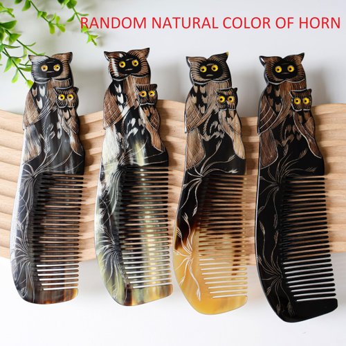 Symbol of LUCK & Knowledge, Natural Buffalo Horn Comb, Ox Horn Comb Anti-Static, Luxury Double Pigeon, Buffalo Horn Hair Comb for Anti Static Massage (Owl)