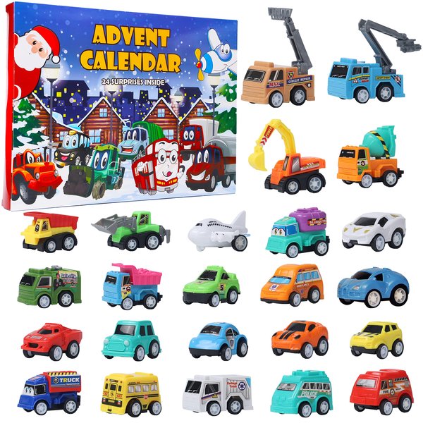 Juegoal Cars Advent Calendar 2024 for Kids, Stocking Stuffer Toy Cars with 24 Different Pull Back Vehicles Including Construction Vehicles, Race Cars, Perfect for Boys and Girls