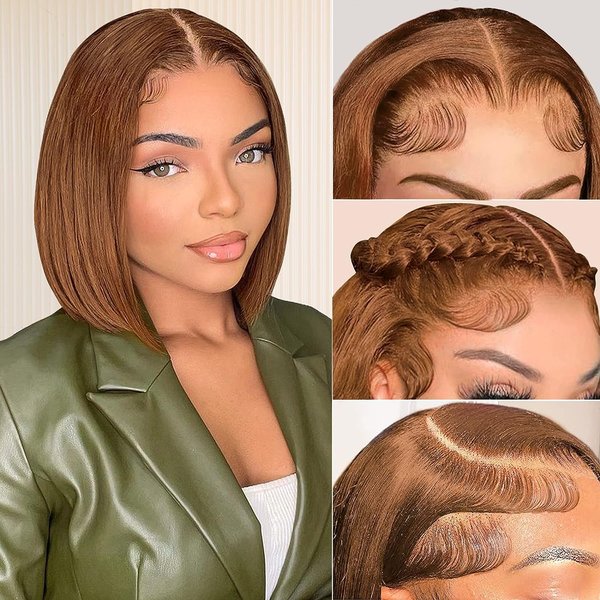 MUPRETTY Brown Bob Wigs Human Hair 4x4 Lace Closure Wig Brown Honey Blonde Wig Human Hair Keep Silky And Smooth After Multiple Washes 100% indian 18A Raw Hair Wigs(14Inch)