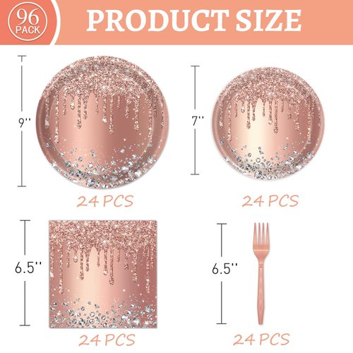 Rose Gold Party Plates and Napkins Set Pink Rose Gold Birthday Party Gold Plated Diamond Theme Party Decorations Pink Gold Party Supplies, Serves 24 Guests