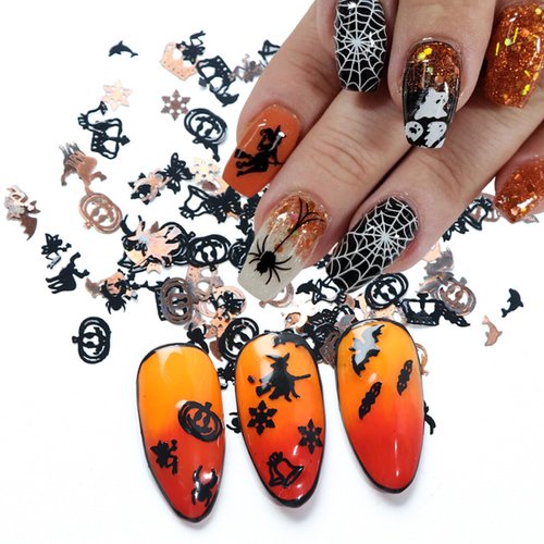 2Box Halloween Glitter Nail Art Sequins Mixed 3D Skull Ghost Witch Spider Pumpkin Nail Glitters Flakes Day of The Dead Black Gold Metal Manicure DIY Decoration Holiday Horror Acrylic Nails Supplies