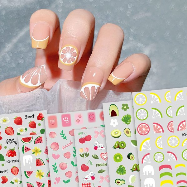 Summer Nail Art Stickers Lemon Nail Decal Nail Art Supplies Cute Fruit Strawberry Cherry Watermelon Avocado Lemon Nail Design for Women Girls Nail Decoration Wraps for Acrylic Nails