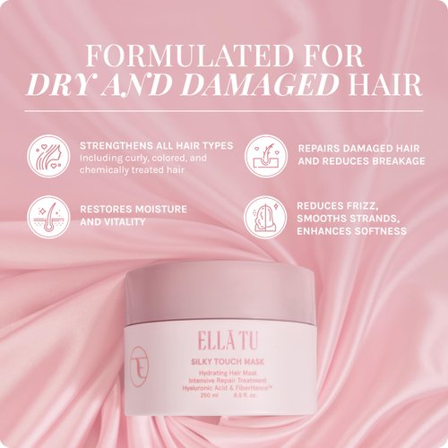 Ellatu Silky Touch Hair Mask - Hydrating & Nourishing Formula - Hyaluronic Acid, Castor & Moringa Oil, Vitamin E, Hydrolyzed Collagen for All Hair Types - Repair, Strengthen, Soften (8.5 oz)