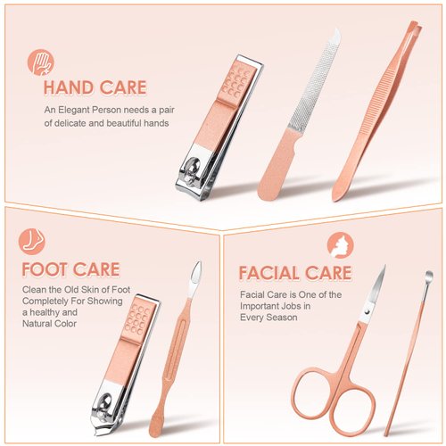 Manicure Pedicure Set Stainless Steel Nail Clippers Personal Nail Clipping Tools Portable Travel Grooming Kit with Snap-shut Case, Rose Gold